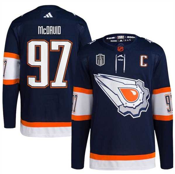 Men%27s Edmonton Oilers #97 Connor McDavid Navy 2024 Stanley Cup Final Patch Reverse Retro Stitched Jersey Dzhi